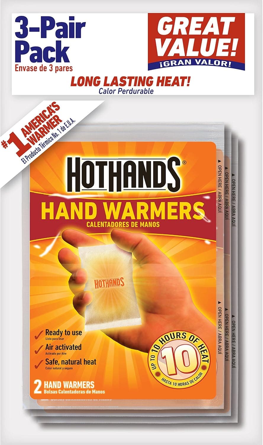 HotHands Hand Warmers, Up To 10 Hours of Heat, 2 Hand Warmers Each, Value Pack of 3