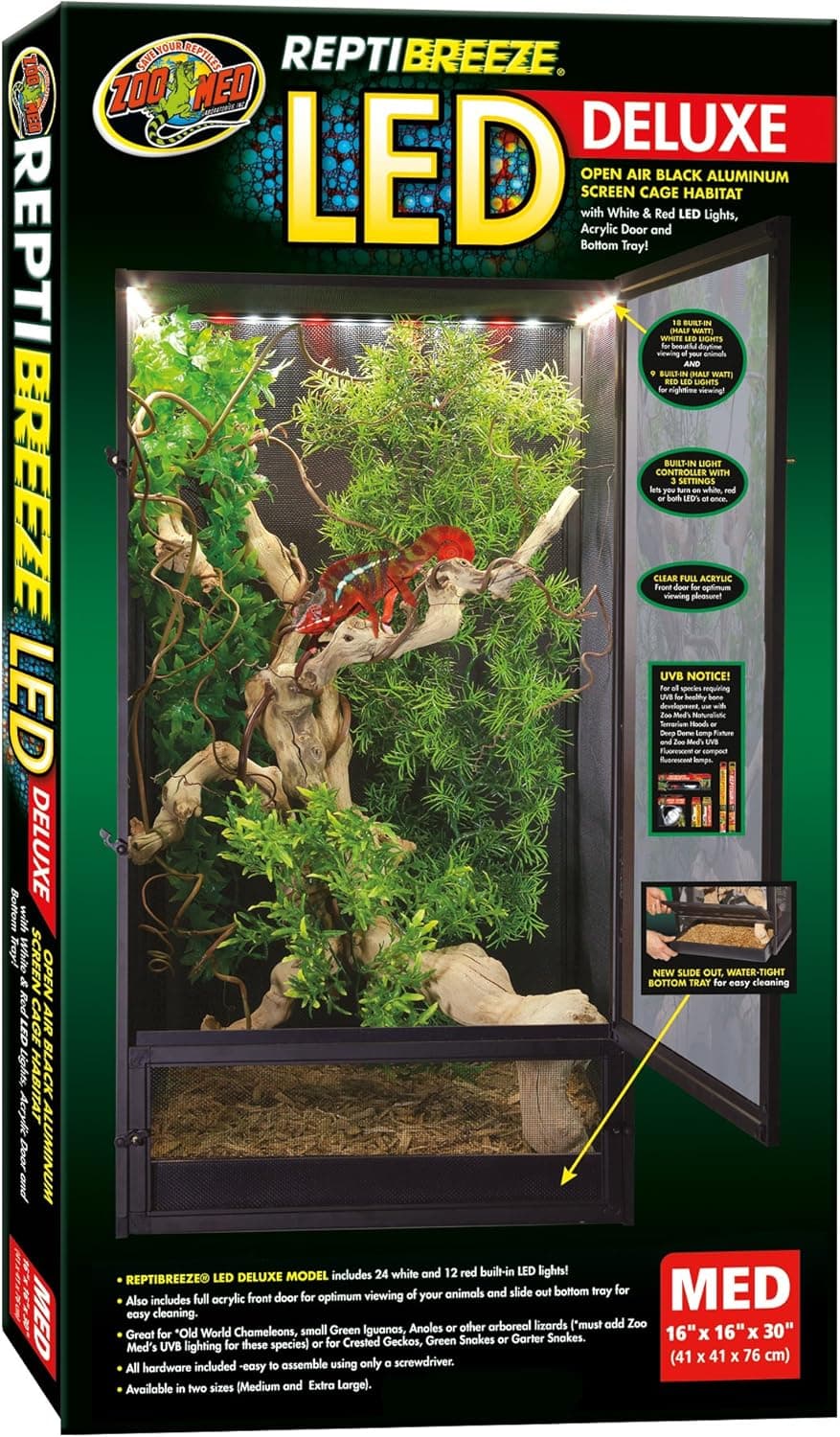Zoo Med ReptiBreeze LED Deluxe Open Air Aluminum Screen Habitat, Medium, 16 L x 16 W x 30 H