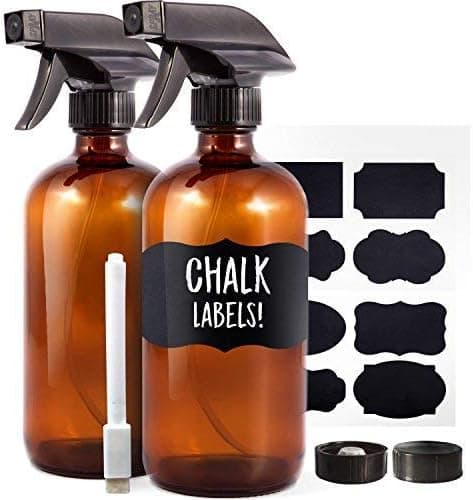 Amber Glass Spray Bottles 2 Pack 16 oz with Dual Action Trigger Sprayer, Mist and Stream, Bonus Chalk Labels and Pen