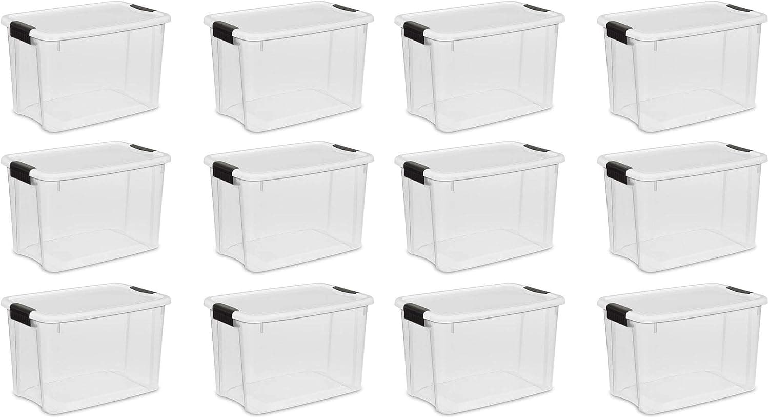 Sterilite 30 Quart Ultra Latch Storage Box with White Lid and Clear Base, 12 Pack