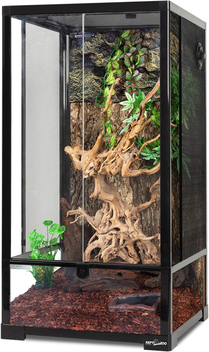 REPTI ZOO 3 in 1 Reptile Tall Terrarium, 16 x 16 x 30 Inches Rainforest Habitat Double Hinge Door with Screen Ventilation