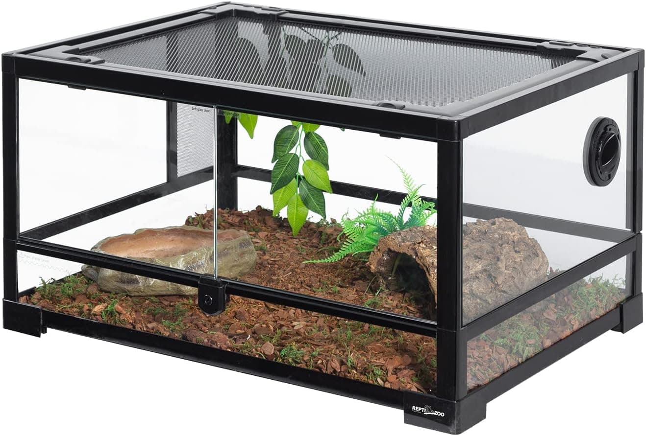 REPTI ZOO Full Glass 20 Gallon Reptile Tank, Front Opening Reptile Terrarium 24 x 18 x 12 Inches, Double Hinged Opening Doors and Top Screen Ventilation
