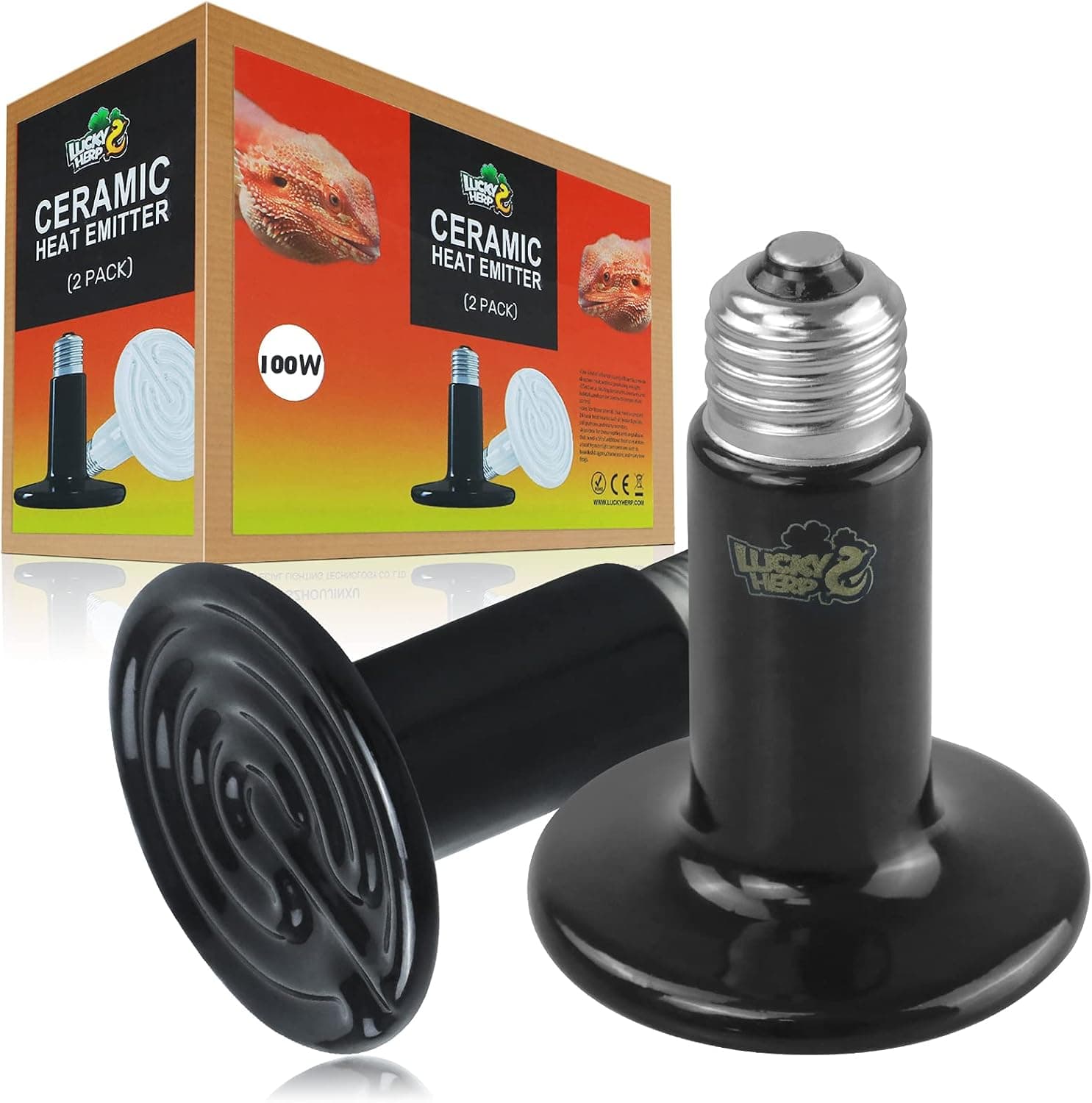 LUCKY HERP 100W Ceramic Heat Emitter, Reptile Heat Bulbs (2-Pack)