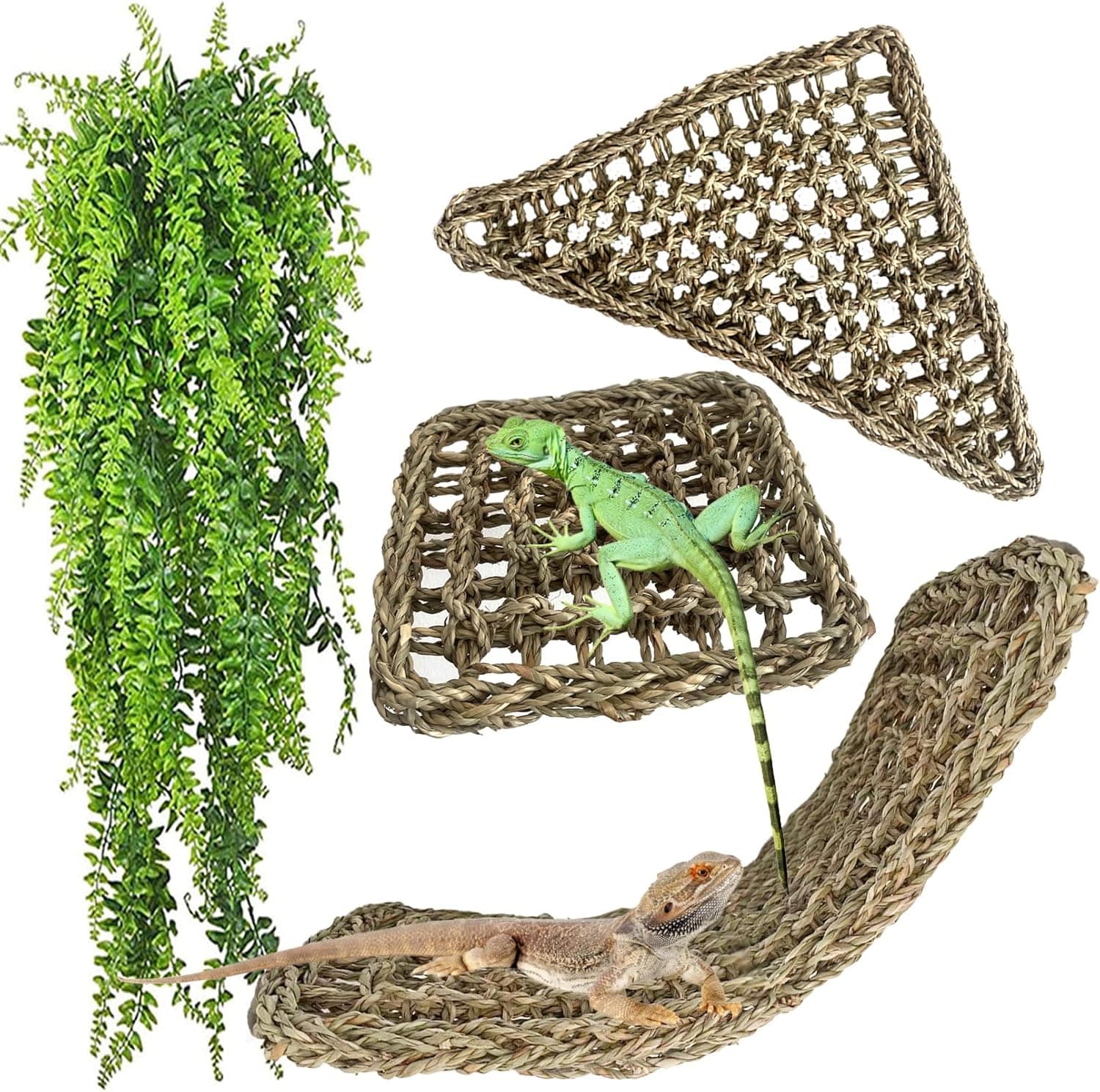 MUYG Reptile Hammock, Large Lizard Lounger, Natural Seagrass with Climbing Vines (4 PCS)