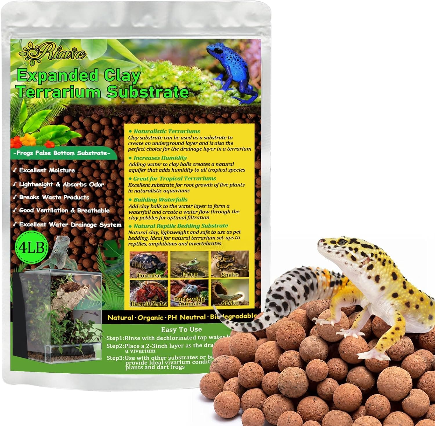 Riare 4LBS Expanded Clay Balls Terrarium Substrate False Bottom Drainage Layer for Reptiles