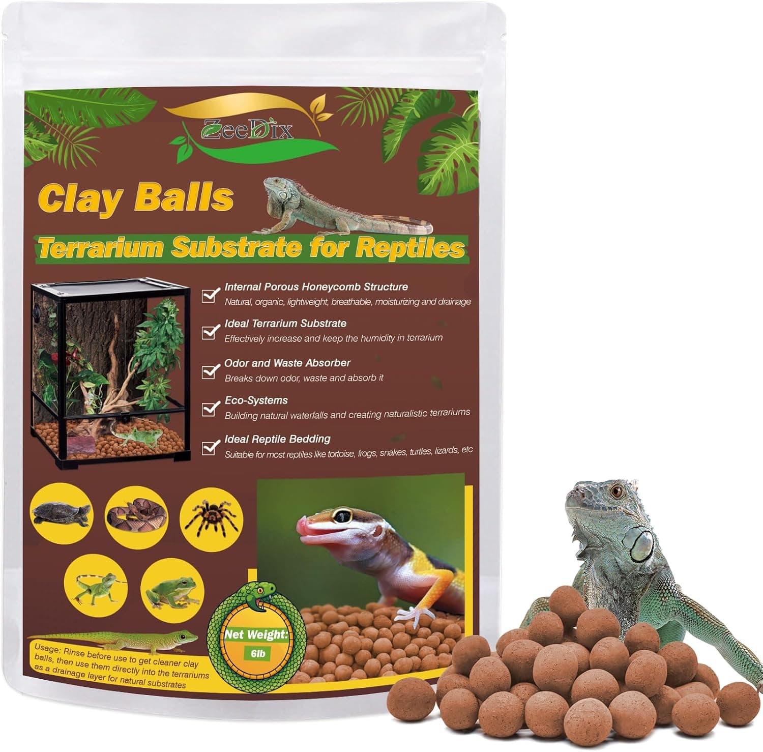 ZeeDix Reptile Substrate Leca Balls 6LBS Organic Expanded Clay Pebbles Drainage Layer