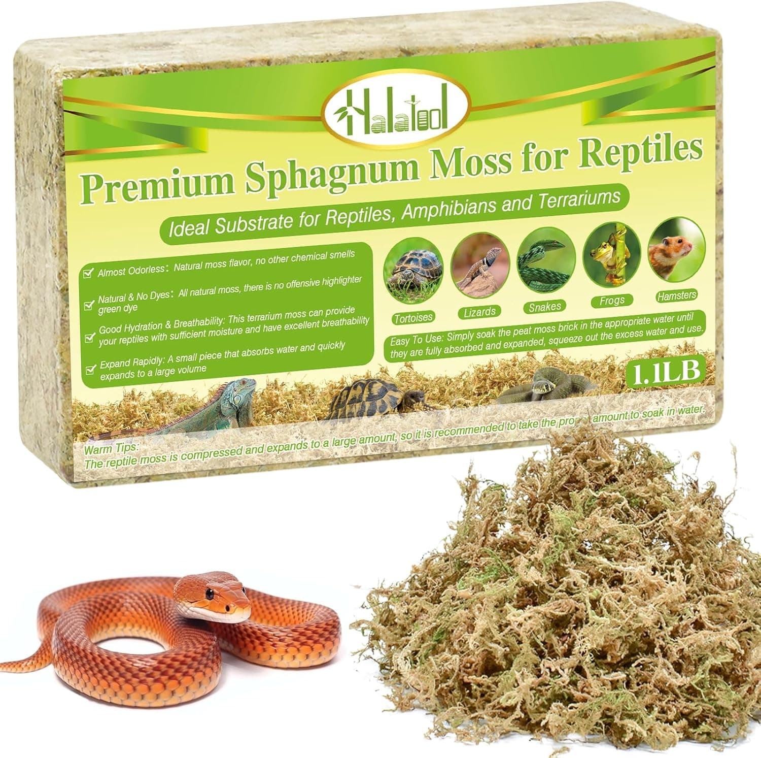 Halatool 1.1LB Sphagnum Moss for Reptiles, Long Fibered Dried Moss Substrate, 25QT
