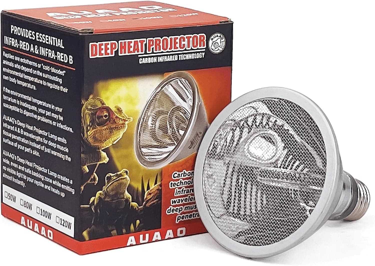 50W Deep Heat Infrared Projector Lamp for Reptiles, Emits both Infrared A and B Wavelengths, Basking Light with Reflector