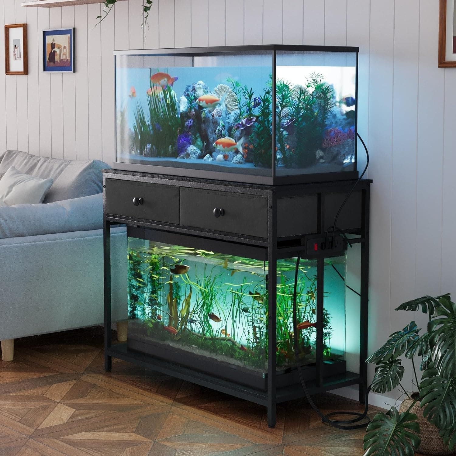 VOWNER 40 Gallon Aquarium Stand with Power Outlet, Metal Frame Fish Tank Stand with Cabinet Storage, Turtle Reptile Terrarium Stand