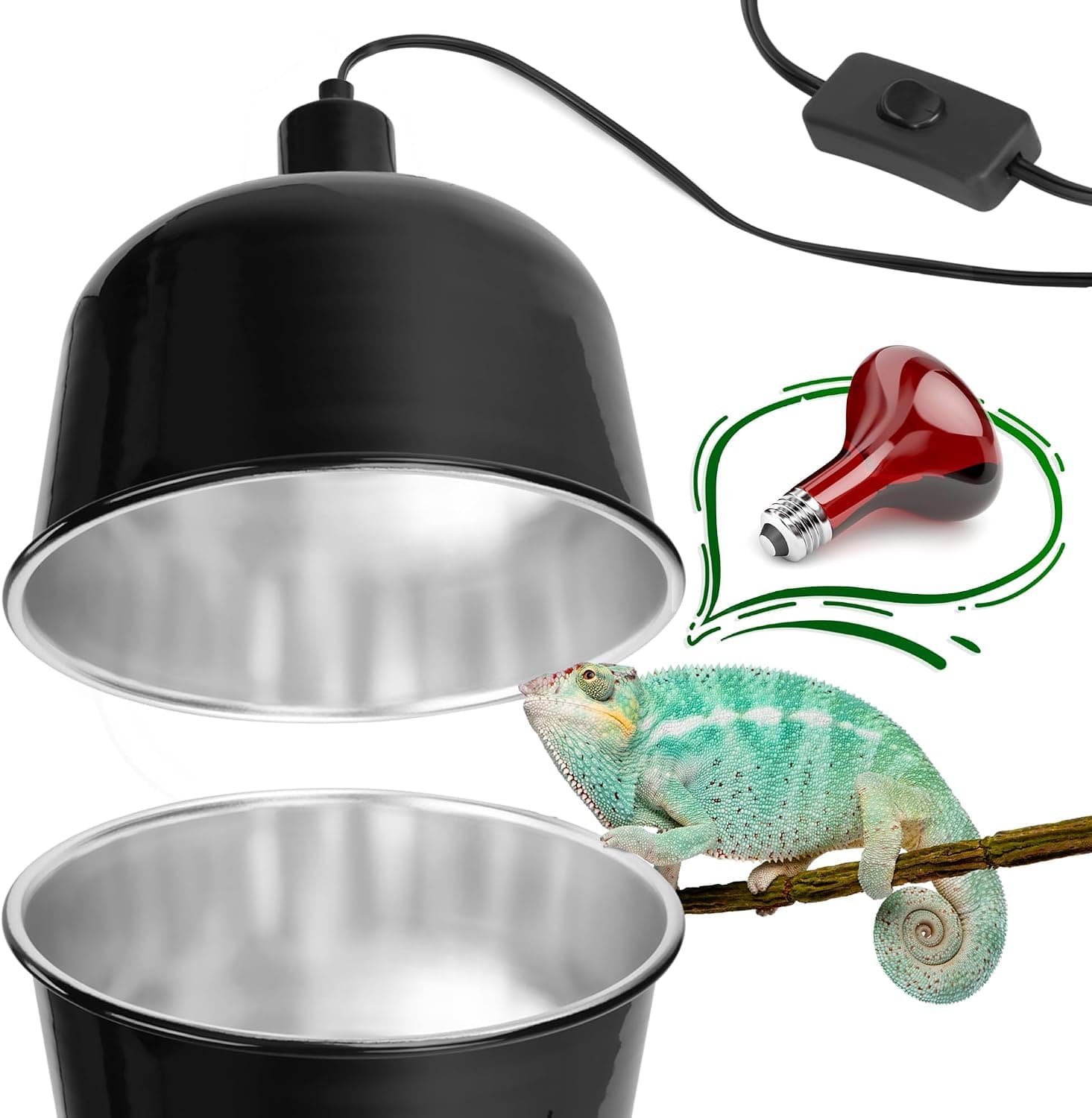 Eckpo 2 Pack Reptile Dome Lamp Light Shade, 8.5 Inch Deep Fixture with Ceramic Socket and Switch