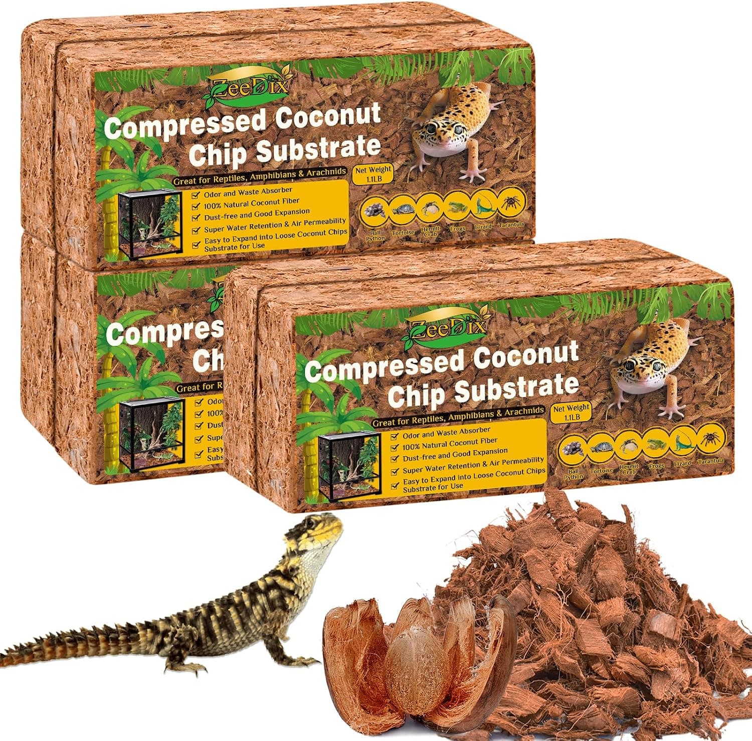 ZeeDix Coconut Husk Chip Substrate for Reptiles, 6 Pack Organic Coco Coir Chips for Snake, Tortoise, Gecko Terrarium