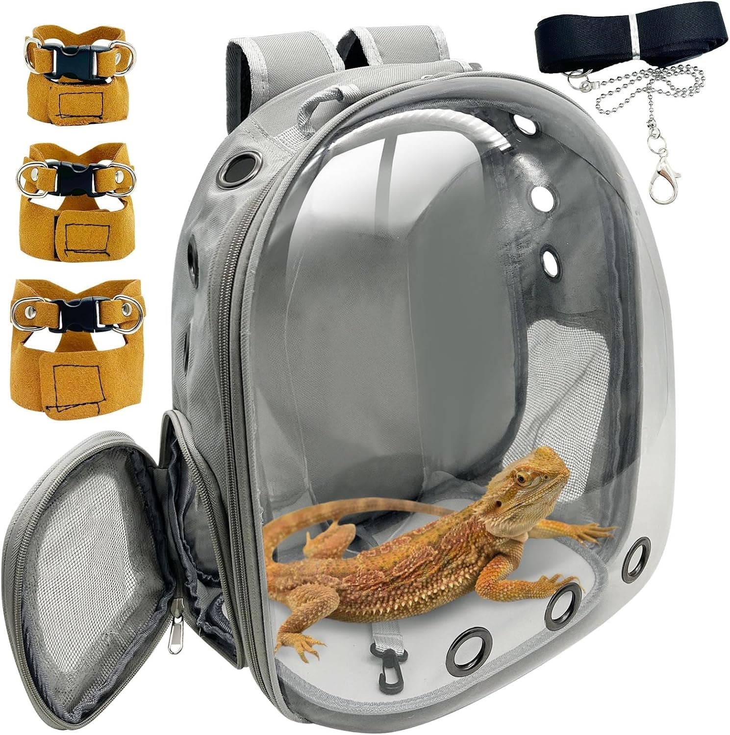 PINVNBY Bearded Dragon Carrier Backpack with Harness and Leash Set, Clear Bubble Window, Gray