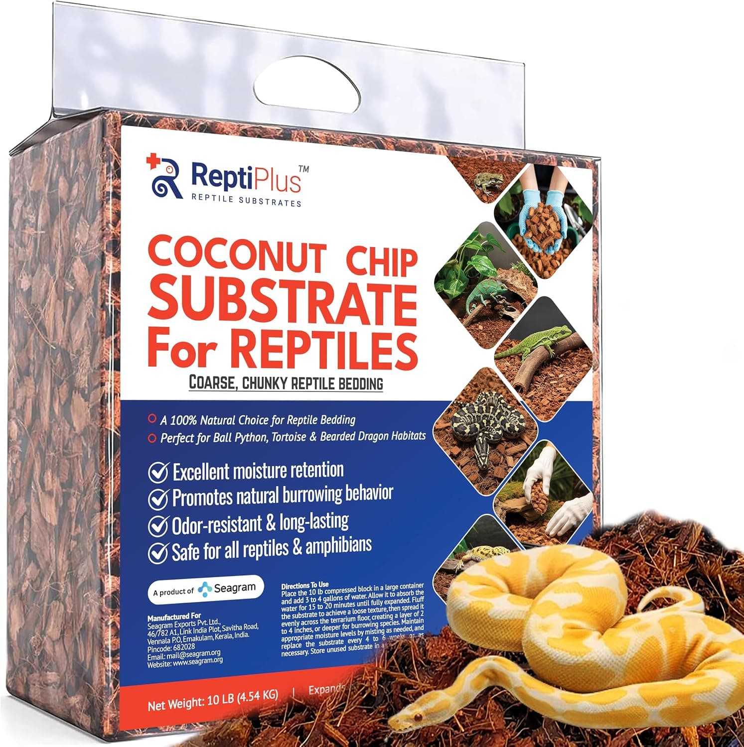 ReptiPlus Premium Coconut Chip Substrate for Reptiles, 10 LB Compressed Block Expands up to 72 Quarts