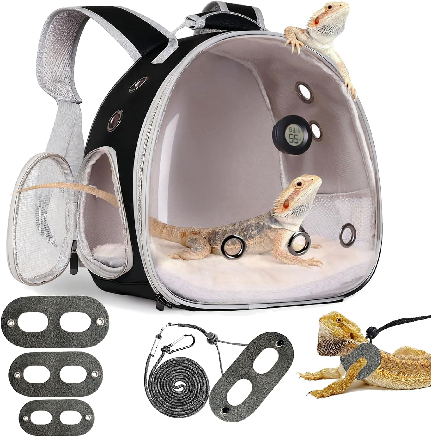 Bearded Dragon Travel Backpack Carrier with Reptile Thermometer and Humidity Gauge, Clear Bubble Window