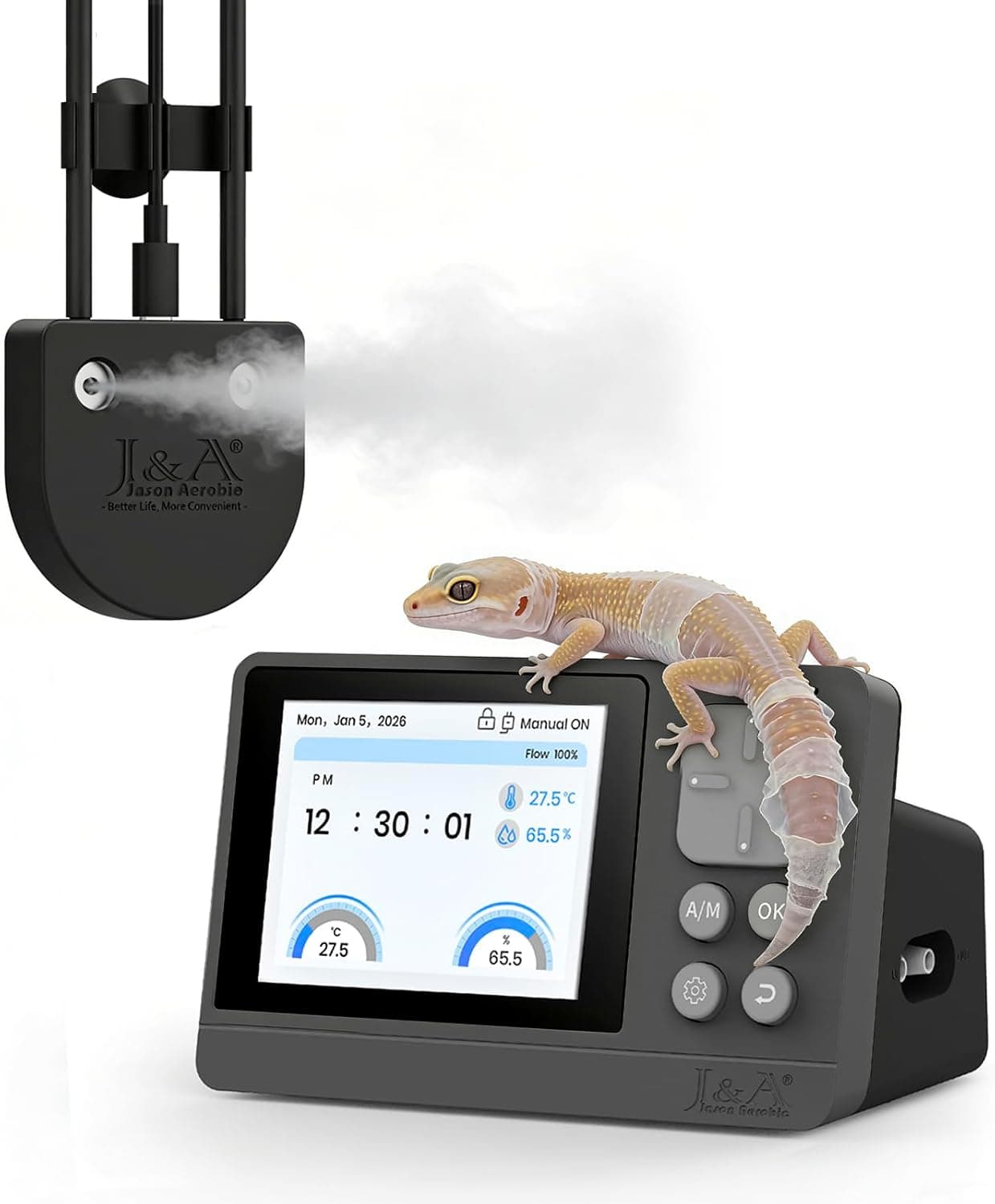 J&A Reptile Fogger, Terrarium Humidifier Mister with Temp and Humidity Probe for Reptiles, Amphibians, Paludarium, Vivarium