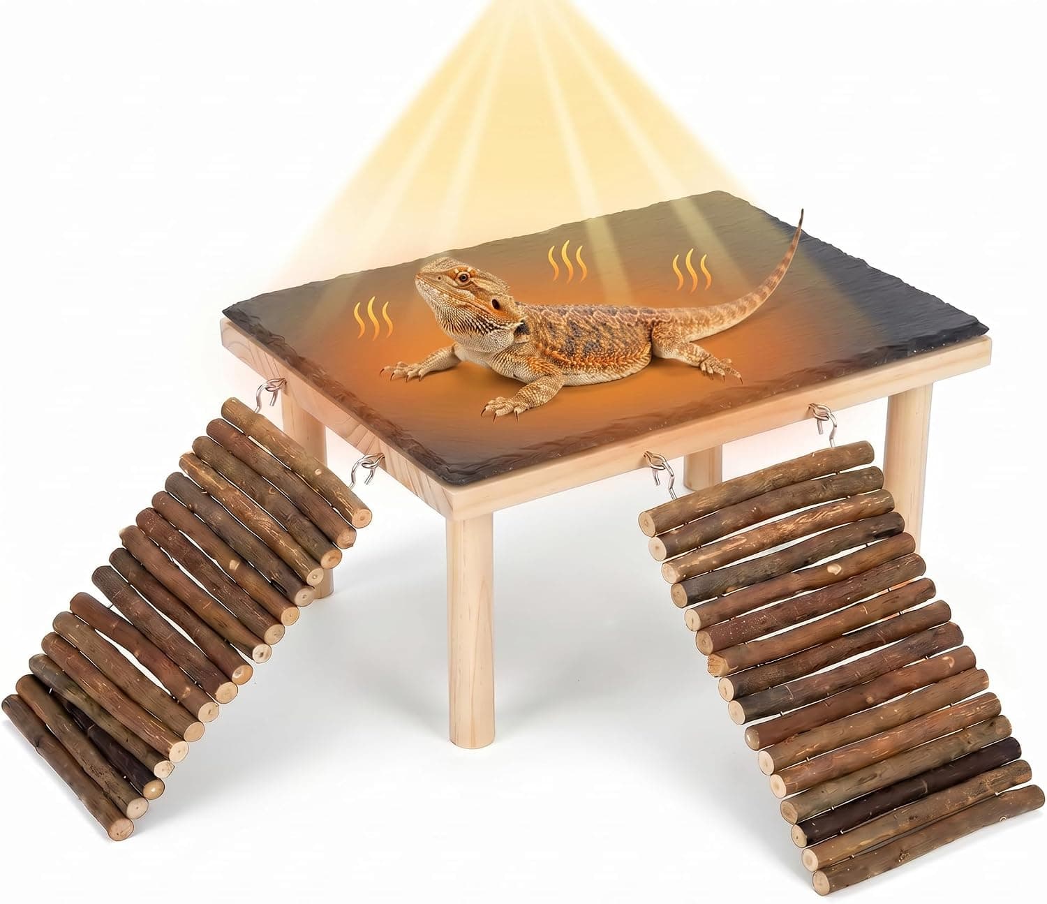 Bearded Dragon Basking Platform, Natural Slate Reptile Basking Rock with Wooden Climbing Ramp