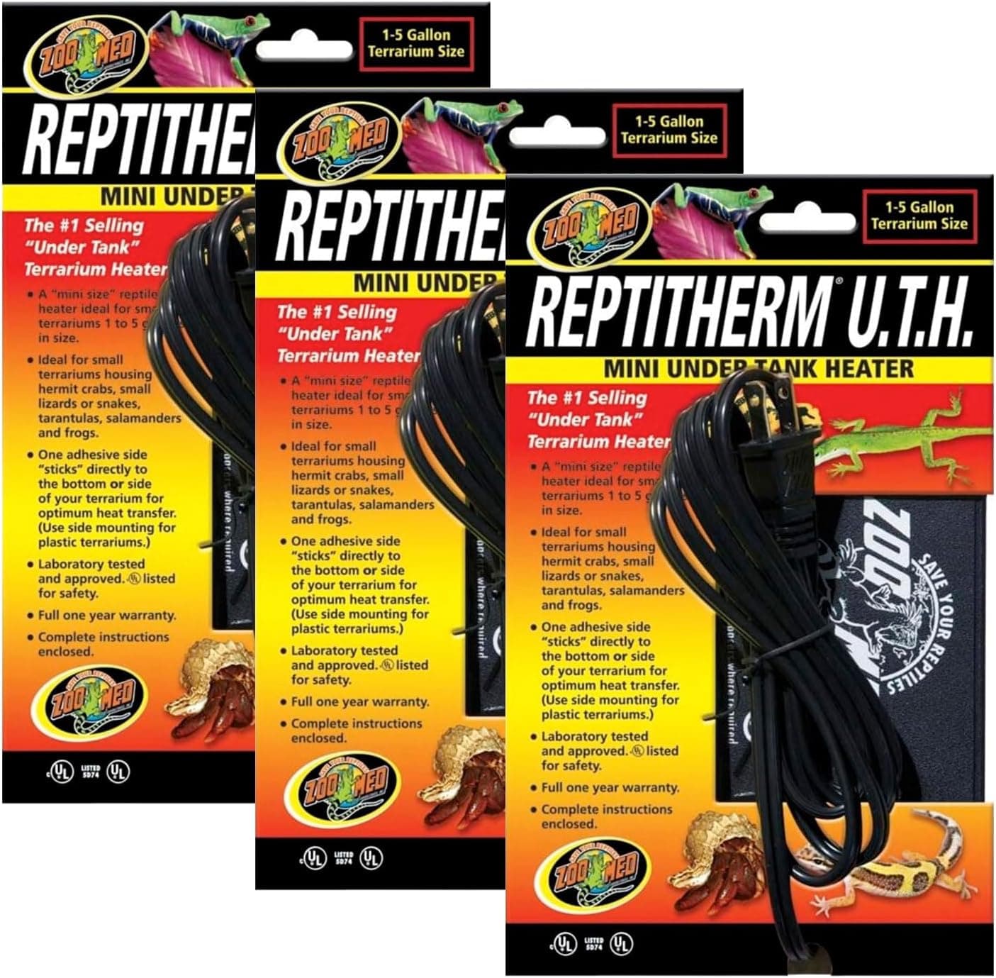 Zoo Med Repti Therm Under Tank Reptile Heater 4 Watts, 5 Inch Long x 4 Inch Wide, up to 5 Gallons, Pack of 3