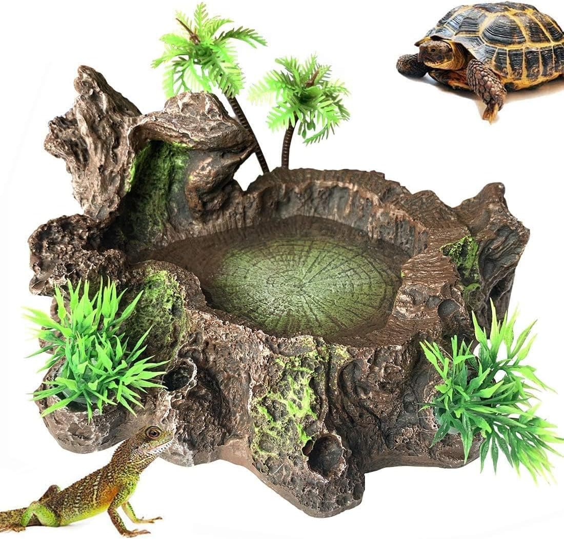 PINVNBY Reptile Water Dish, Resin Platform with Artificial Plants Food and Water Bowl (Smooth)