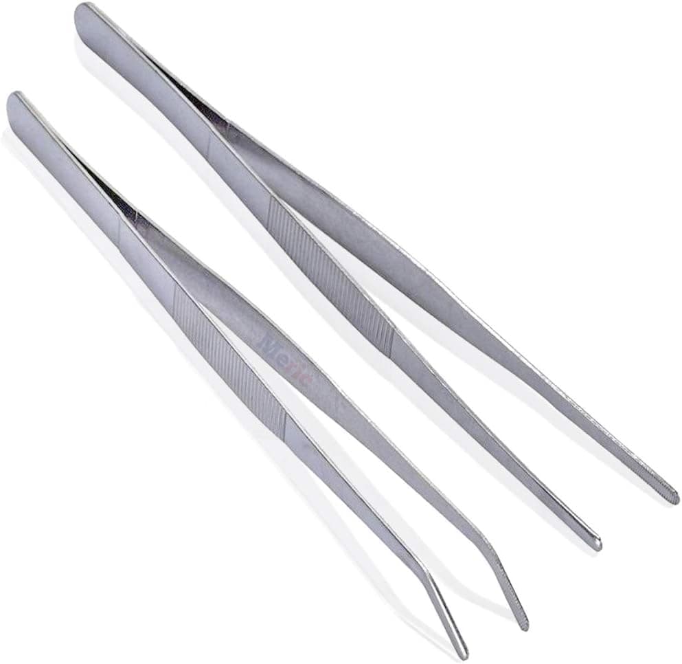 CoCoo Feeding Tongs for Reptiles, Stainless Steel Tweezers, 1 Straight Tip Nipper and 1 Curved Serrated Forcep, 2 pc