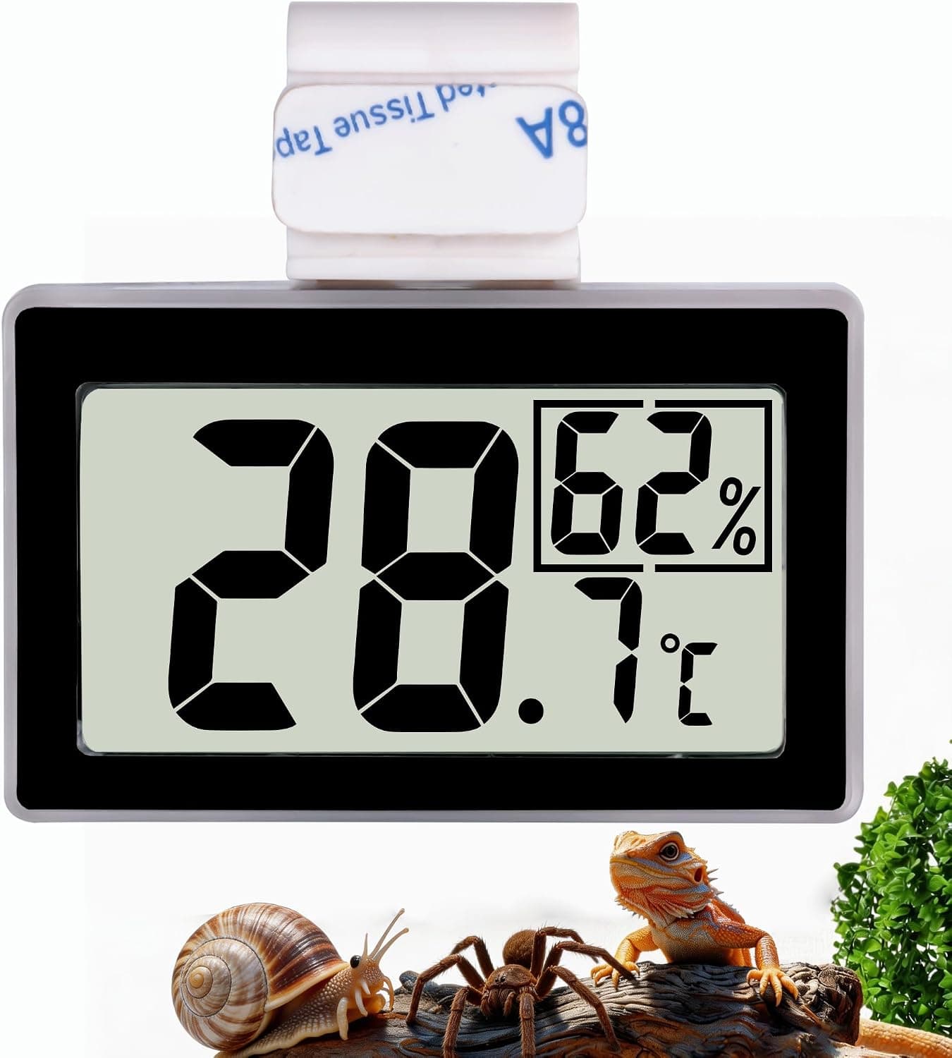 JLENOVEG Digital Reptile Thermometer Hygrometer with Hook and Adhesive, LCD Temperature Humidity Gauge