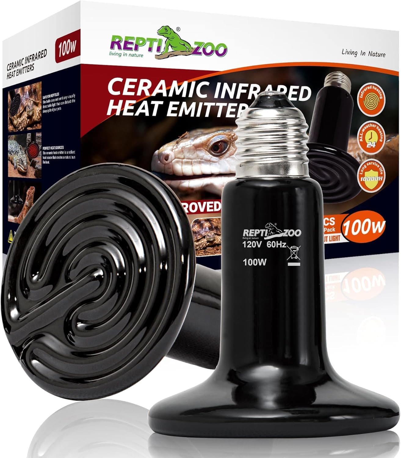 REPTI ZOO 100W Reptile Heat Lamp 2 Pack Ceramic Heat Emitter Night Heat Lamp Bulbs E26