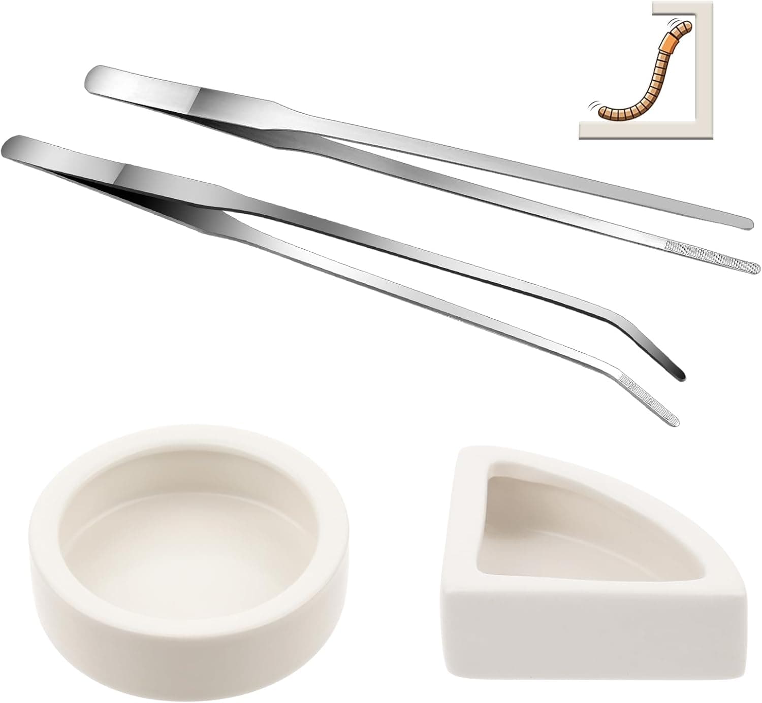 2 Pcs Ceramic Reptile Water Dish and Food Bowl with 2 Long Handle Tweezers